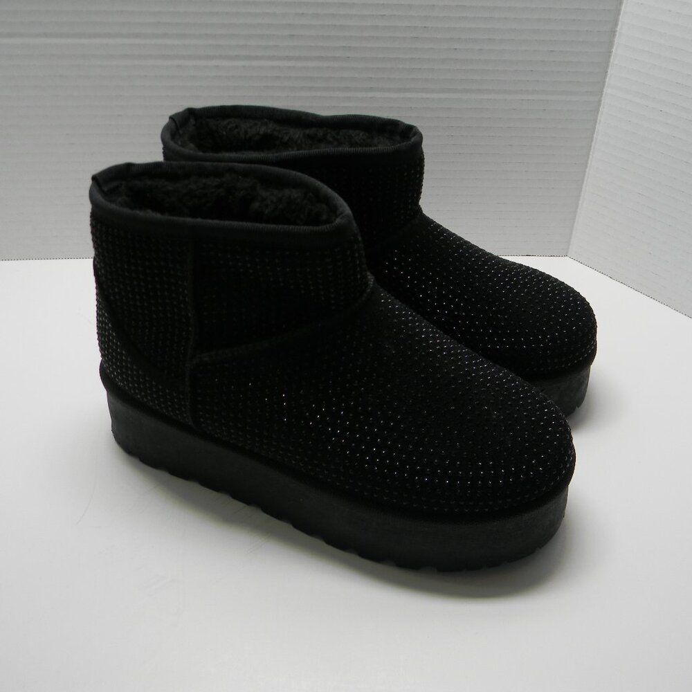 Unbranded Black Faux Fur Lined Ankle Boots with Rhinestones Sz 5.5 SEE FULL DESC
